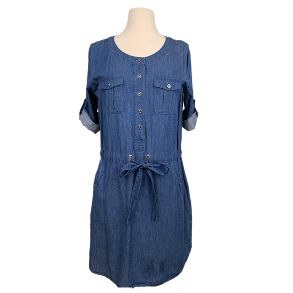 NY & COMPANY Dress Drawstring Waist Shirt Tail Hem Cotton Denim Blue Medium - Picture 2 of 7